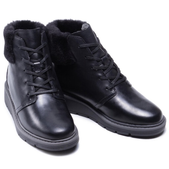 Clarks Andie Go Fur Lace-Up Black Leather Ankle Boots Casual Winter Booties 7.5 - Picture 6 of 13